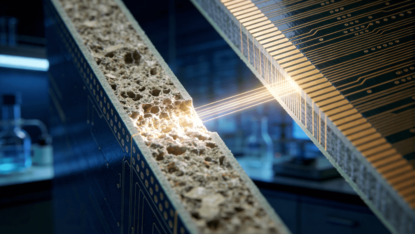 高頻板材與普通FR-4材料微觀結(jié)構(gòu)對(duì)比，展示介質(zhì)損耗差異