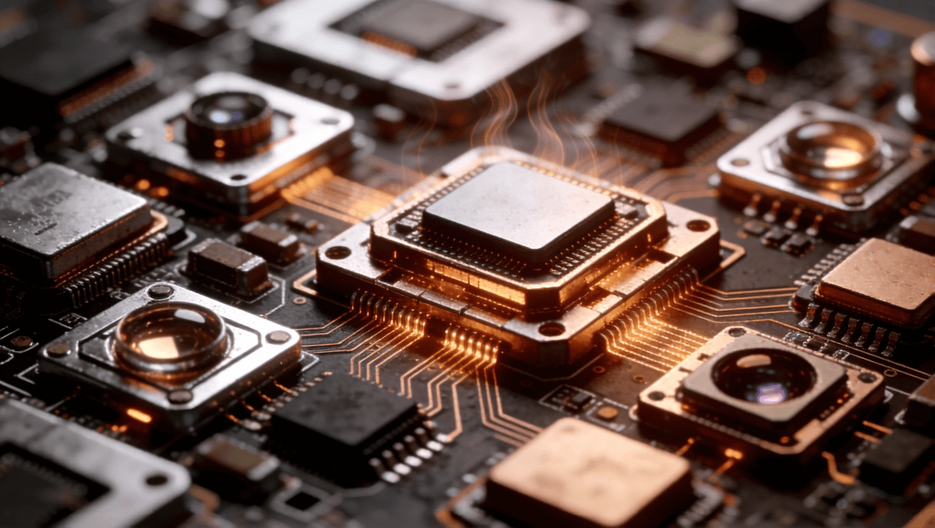 光模塊PCB精密布局與散熱設(shè)計(jì)，微型芯片密集排列，熱感視覺(jué)效果