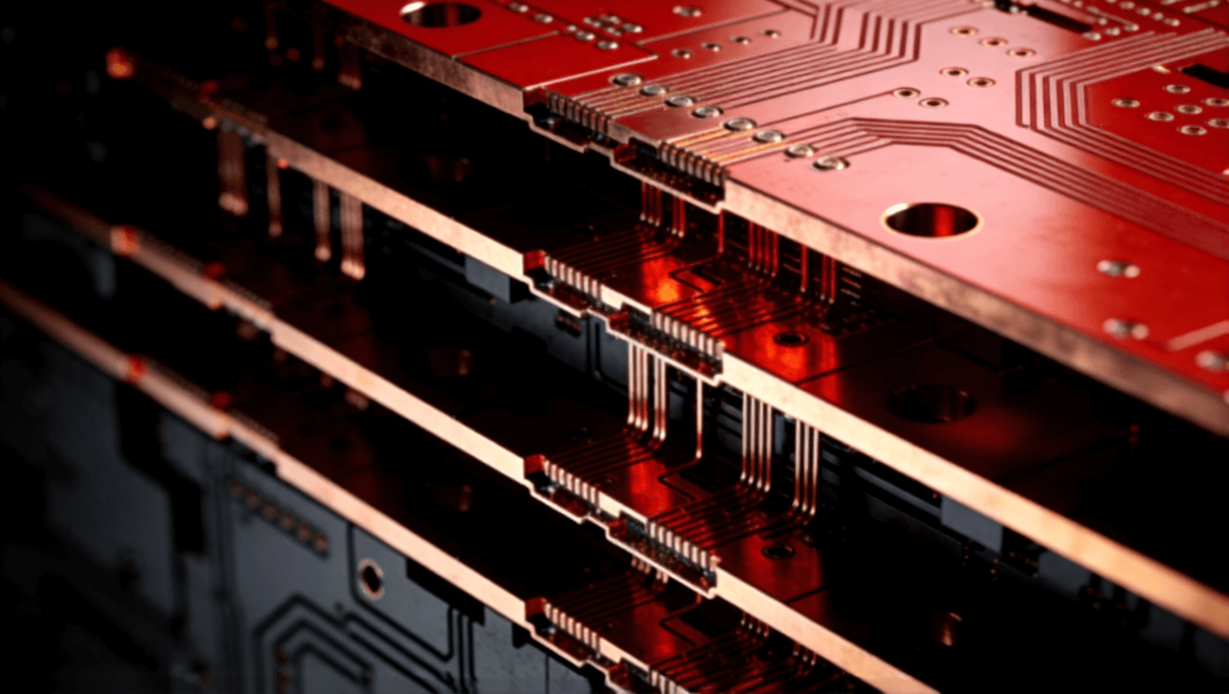 多層光模塊PCB內(nèi)部結(jié)構(gòu)抽象3D視圖，展示盲埋孔與厚銅工藝