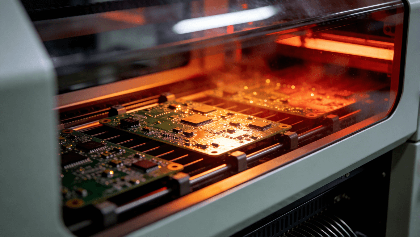 SMT生產(chǎn)線回流焊爐內(nèi)部溫控工作場景，展現(xiàn)電子元件焊接過程中的精準熱管理