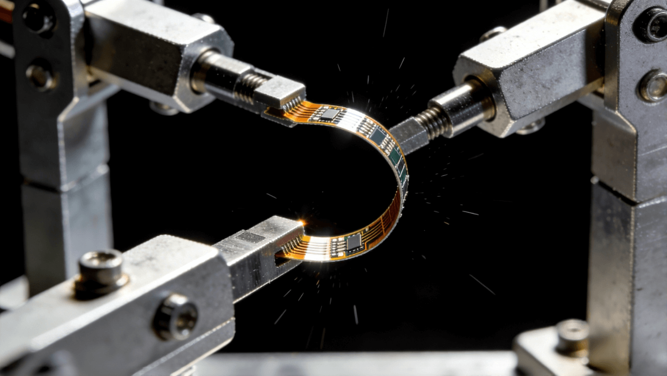 超聲探頭微型化柔性板正在進(jìn)行嚴(yán)格的耐彎折壽命測(cè)試，確保其長(zhǎng)期使用可靠性