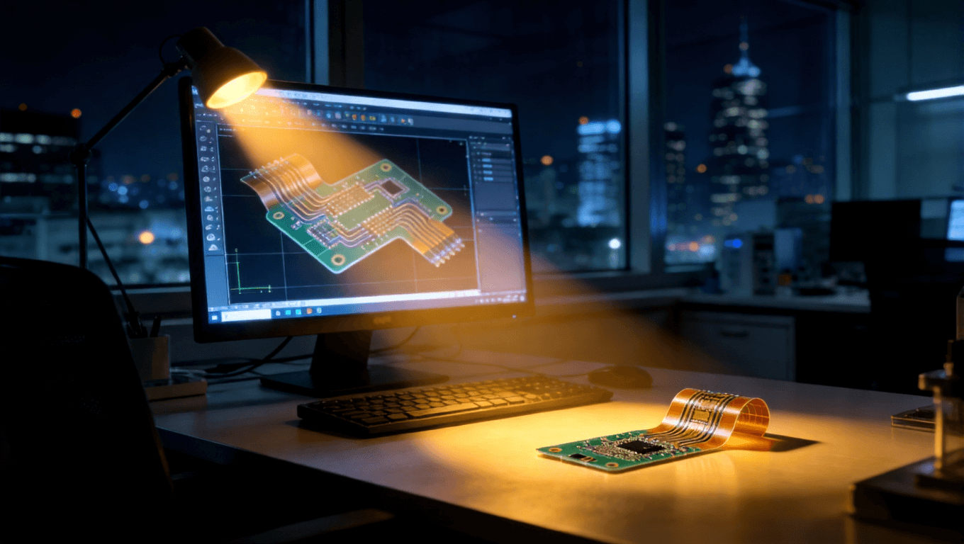 象征24小時(shí)技術(shù)支持的場(chǎng)景，超聲探頭柔性板設(shè)計(jì)方案與成品在深夜的研發(fā)中心被點(diǎn)亮