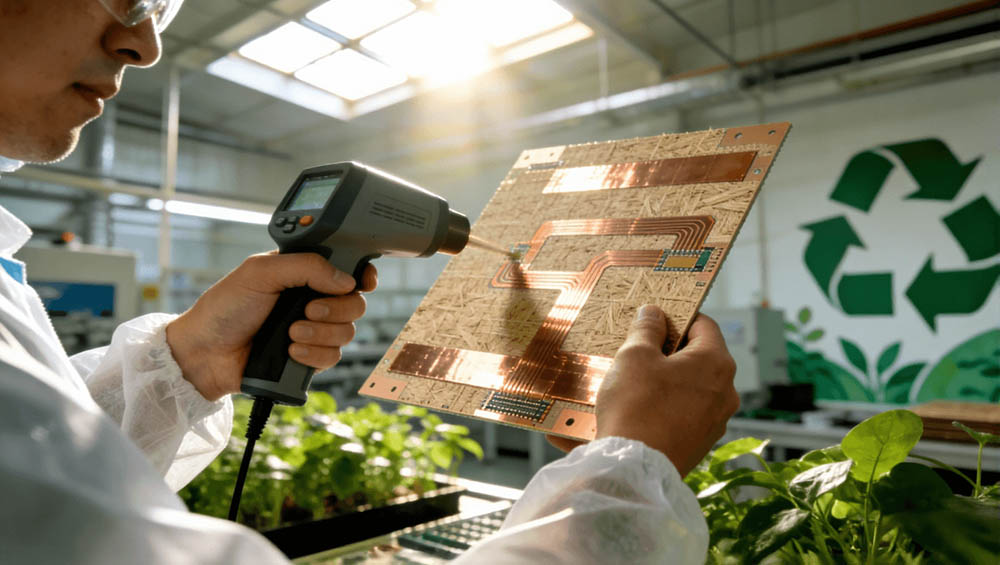 光模塊PCB綠色制造車間現(xiàn)場(chǎng)，突出環(huán)保材料與可持續(xù)工藝