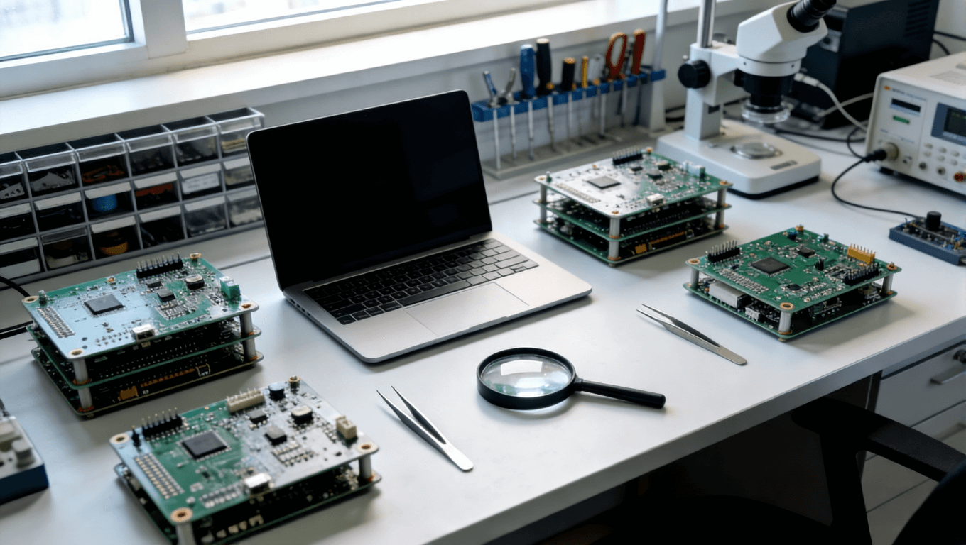 高頻電路板焊接后期檢測與技術(shù)支持工作臺環(huán)境，體現(xiàn)專業(yè)服務(wù)與全周期質(zhì)量護航