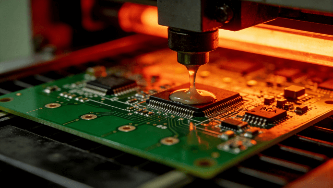 高頻電路板在回流焊爐中進行精密焊接過程特寫，展現(xiàn)溫度控制與焊點形成瞬間