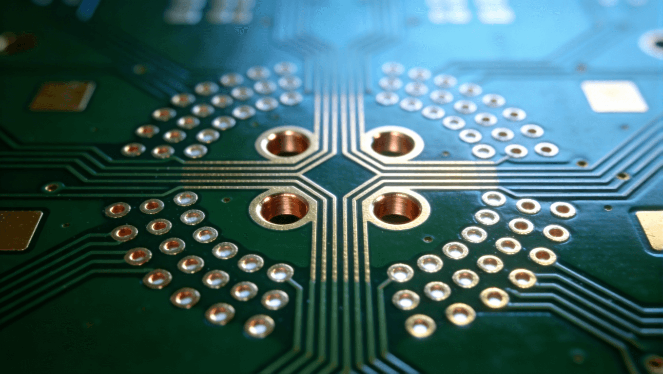 優(yōu)化后的光模塊PCB過孔設(shè)計(jì)特寫，展示激光盲孔、對(duì)稱差分對(duì)與接地屏蔽結(jié)構(gòu)