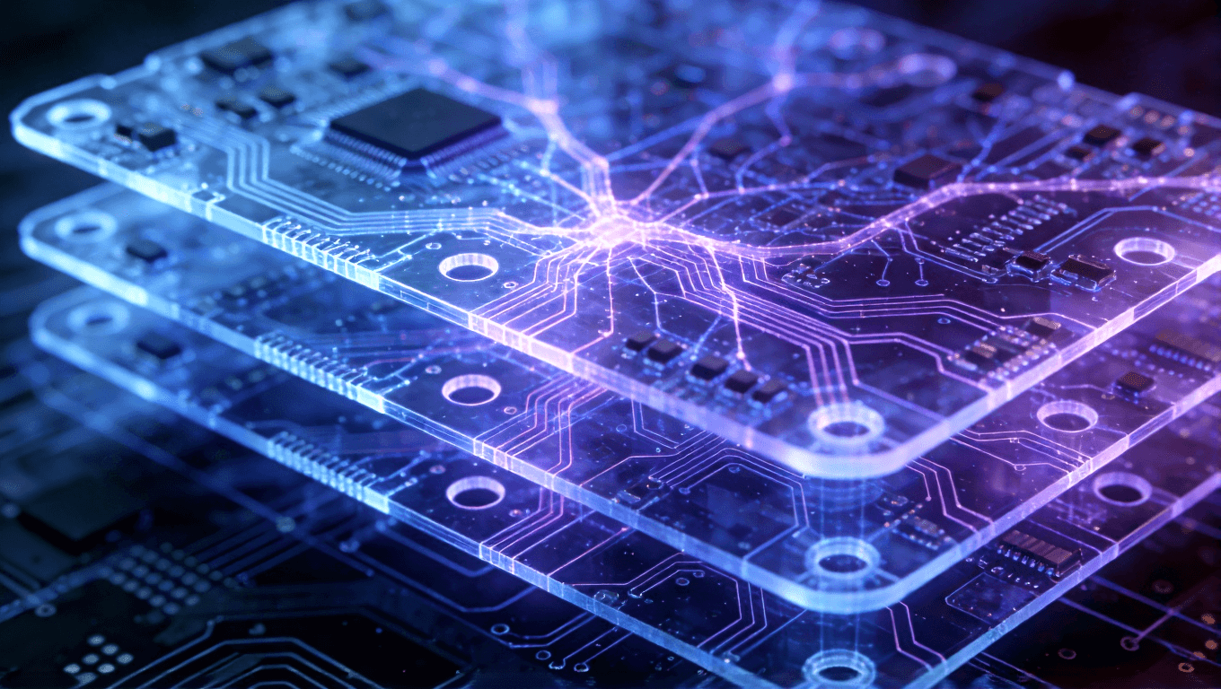 X光透視下的HDI PCB內(nèi)部結(jié)構(gòu)，展示盲埋孔與線路連接