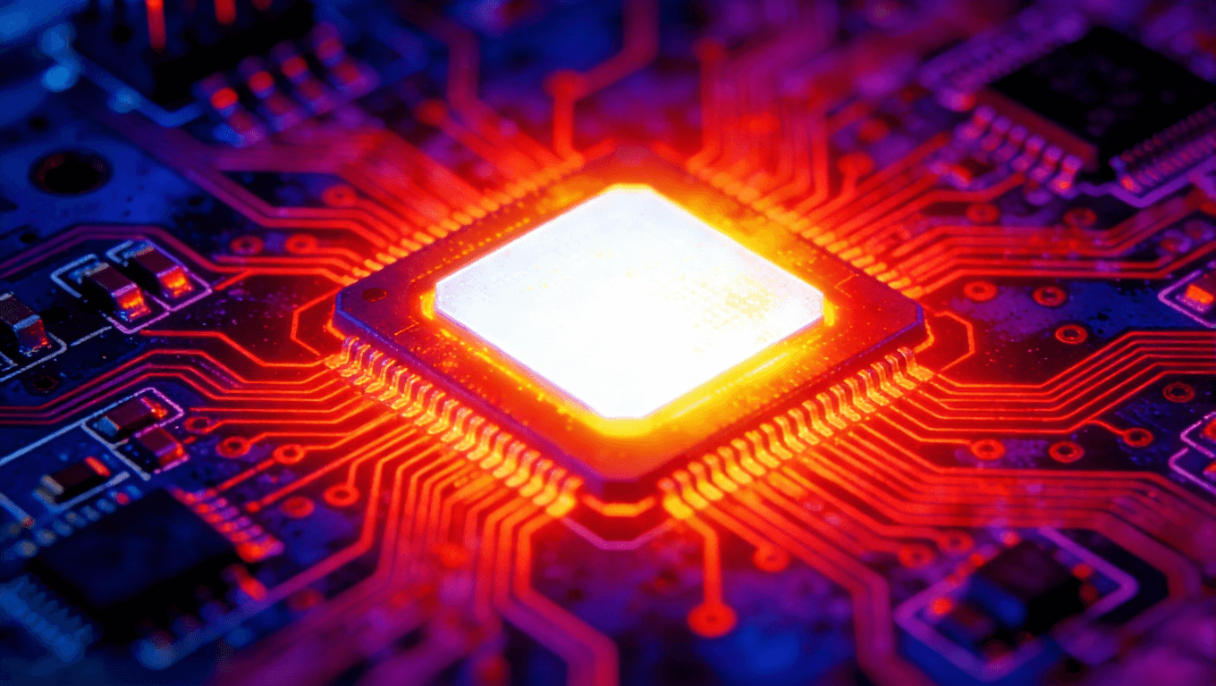 熱成像藝術效果圖，PCB上LED芯片過熱，核心亮白，熱量呈紊亂紅色輻射狀擴散