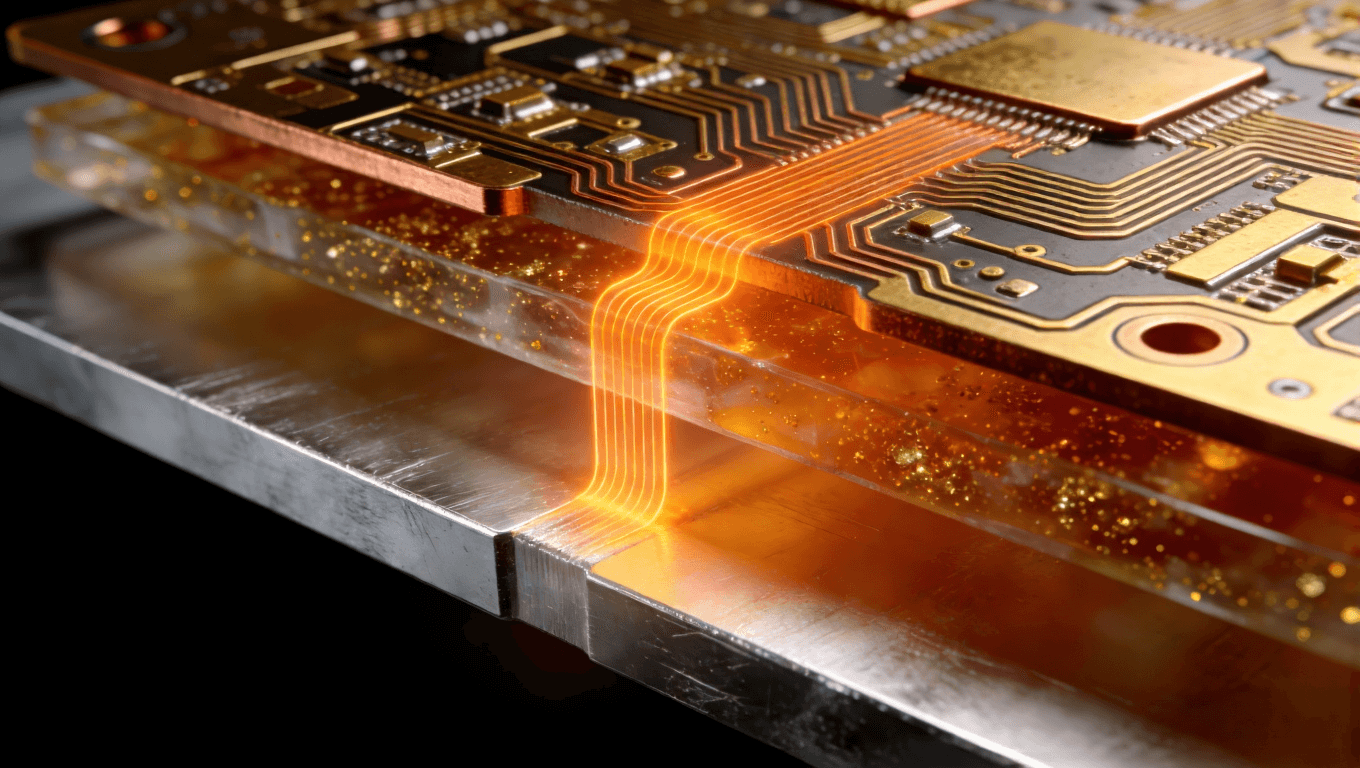 鋁基板三明治結構3D截面渲染，清晰展示鋁層、絕緣層、電路層及穿透的橙色熱流