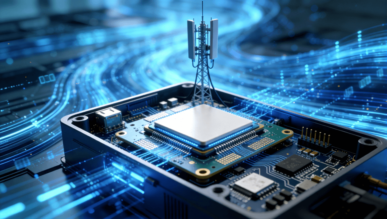 5G射頻模塊中使用陶瓷基板的科技場(chǎng)景示意圖，突出高頻高速應(yīng)用