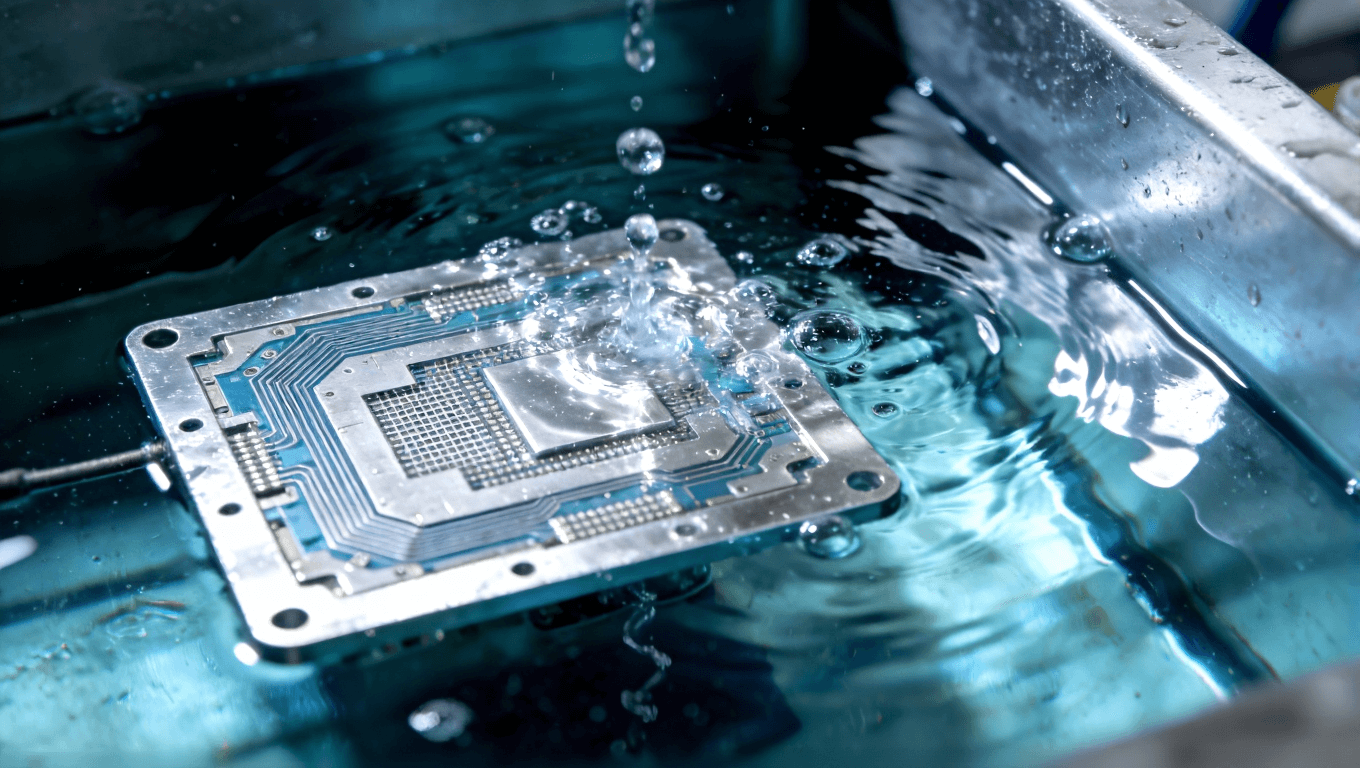 鋁基板陽極氧化工藝中電解槽內(nèi)的反應(yīng)過程，展現(xiàn)電化學(xué)處理的精密與潔凈