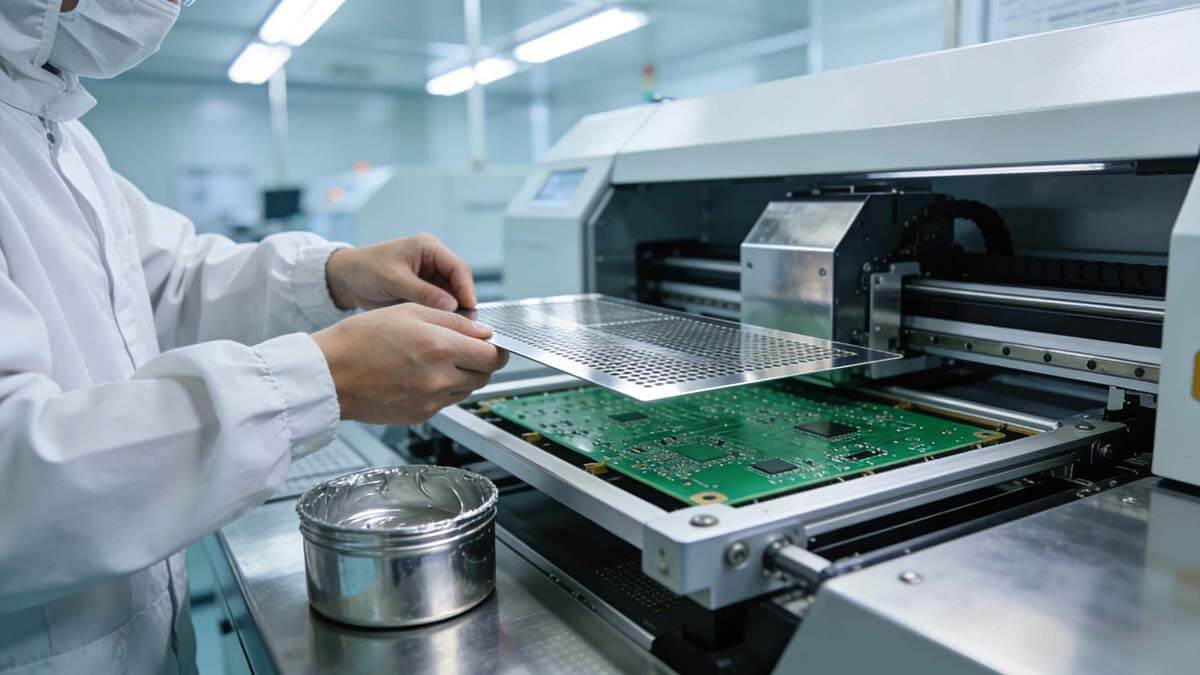 技術(shù)員在SMT產(chǎn)線上將電路板鋼網(wǎng)精準安裝到印刷機網(wǎng)框