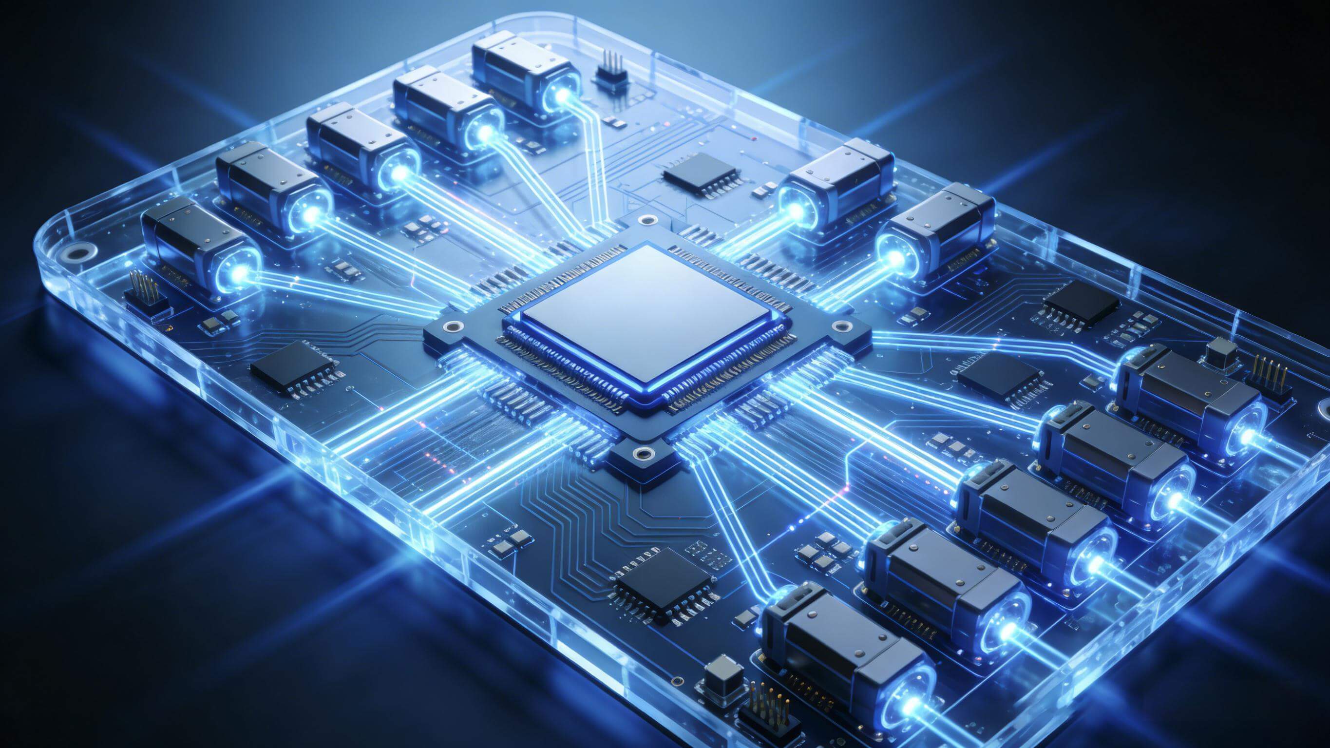 CPO共封裝光學(xué)未來(lái)數(shù)據(jù)中心交換機(jī)概念圖，先進(jìn)基板集成交換芯片與光引擎