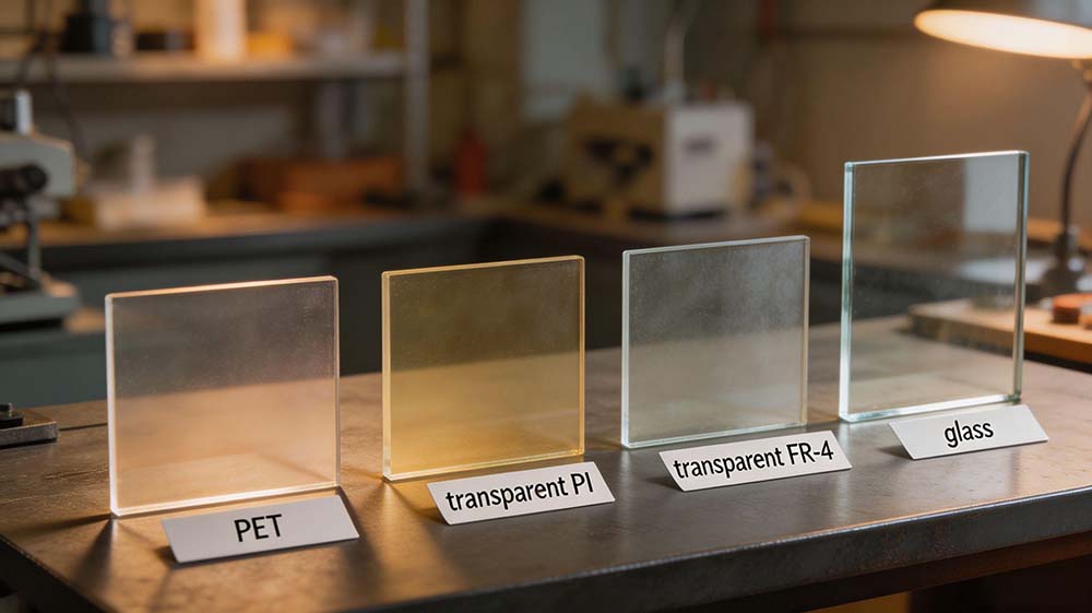 透明PCB基材對比：PET、透明PI、透明FR-4與玻璃基板透光效果并排展示